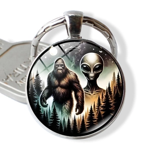 Bigfoot Sasquatch UFO Alien Time Gem Keychain Silver Zinc Alloy Metal Key Ring Round Glass Cabochon Pendant Mountain Forest Gift