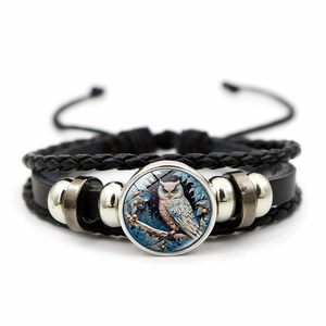Bracelet multicouche en cuir fait main avec motif hibou et cordes tressées