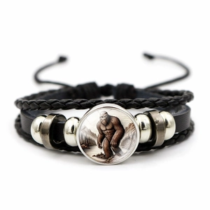 Retro multi-layer braided leather bracelet with Bigfoot forest illustration and silver beads