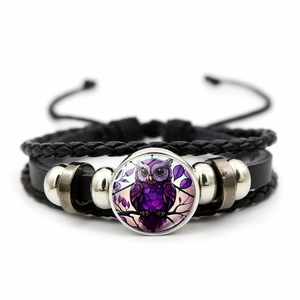 Bracelet multicouche en cuir rétro avec breloque hibou en verre et cordes tressées