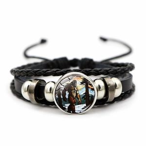 Retro multi-layer leather bracelet with Bigfoot illustration and adjustable beads