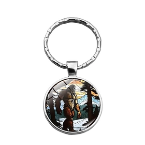 Bigfoot vintage time gem keychain with forest mountain illustration and silver ring
