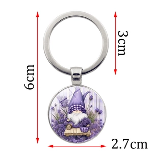 Porte-clés avec motif de gnome violet et lavande, anneau argenté et pendentif en verre