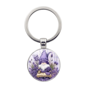 Porte-clés Gnome de Lavande Pendentif Rond en Verre Alliage de Zinc pour Femmes Sac Accessoire de Voiture Style Violet Cadeau