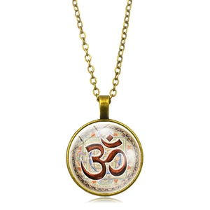 Collier Pendentif Cabochon en Verre Symbole Om Mandala Bronze Vintage pour Femmes Yoga Méditation Bijoux Ethniques Religieux Accessoire