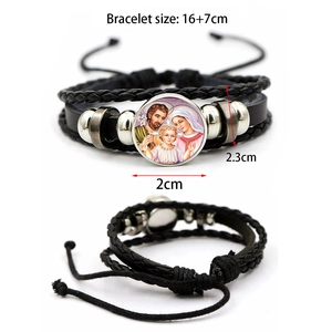 Detailed view of religious multilayer leather bracelet with size dimensions 16+7cm