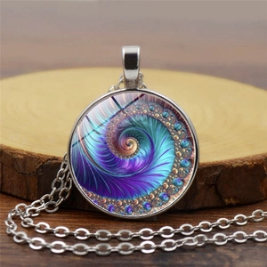 Fibonacci Spiral Time Gem Pendant Necklace Vintage Alloy Glass Dome Art Necklace Geometric Jewelry For Women Sweater Chain