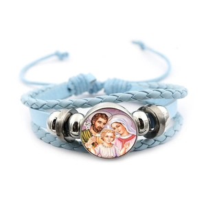 Religious Virgin Mary leather braided bracelet with glass gem in vintage light blue