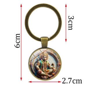 Antiker Bronze Hanuman Schlüsselanhänger mit Glaskuppel-Mandala und Größenangaben