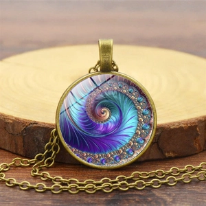 Macro view of bronze necklace featuring purple fractal spiral art under glass cabochon