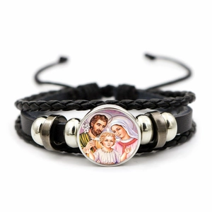 Vintage Religious Holy Family Multi-Layer Leather Braided Bracelet For Unisex Alloy Glass Cabochon Hand Jewelry Gift