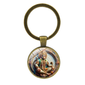 Antiker Hanuman Hindu Gott Schlüsselanhänger mit Glasanhänger und Bronze-Metallring