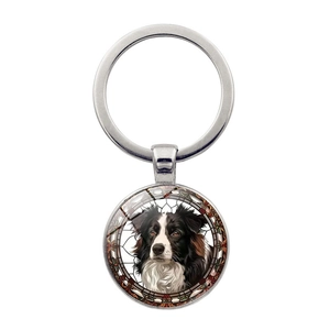 Vintage Border Collie Portrait Keychain Alloy Glass Round Antique Bronze Silver Dog Lovers Pendant Keychain Jewelry Gift