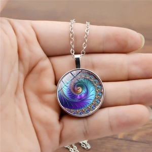 Colorful Fibonacci spiral glass gem pendant necklace with silver link chain for women