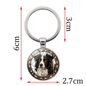 Metal Border Collie portrait keychain with glass pendant and silver ring 6cm length