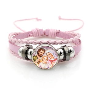 Pink multi-layer leather Virgin Mary bracelet with religious glass charm and beads