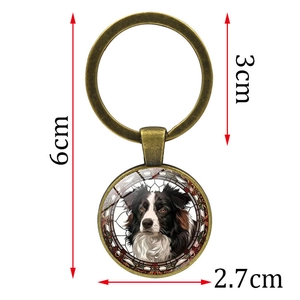 Antique bronze keychain with Border Collie portrait under glass dome with dimensions