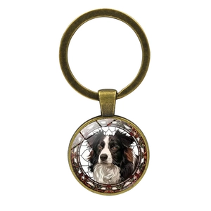 Border Collie portrait keychain with bronze metal ring and vintage glass pendant decoration