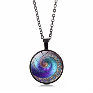 Colorful Fibonacci spiral fractal art pendant necklace with black chain and glass gem