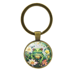 Portachiavi cabochon in vetro con rana e loto in bronzo vintage con anello in metallo