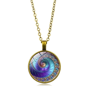 Vintage Fibonacci spiral pendant necklace with colorful glass gem and antique bronze chain