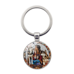 Native American Woman Wolf Pattern Zinc Alloy Glass Keychain Vintage Stained Glass Art Style Metal Key Ring Gift