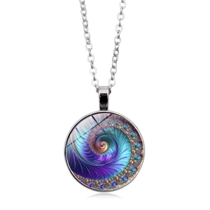Detail view of the round glass pendant with colorful Fibonacci spiral fractal art design