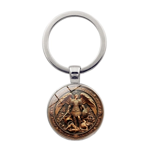 Portachiavi Religioso Arcangelo San Michele in Lega di Zinco Cabochon in Vetro Angelo Custode Sconfigge Demone Vintage