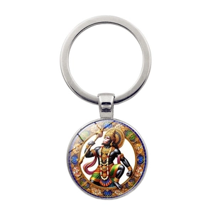 Porte-clés en Métal Rond Hanuman Hindu Monkey God Time Gemstone Vintage Bronze Antique Argenté Religieux Ethnique