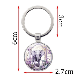 Porte-clés pendentif éléphant avec illustration florale violette et anneau en métal 6cm