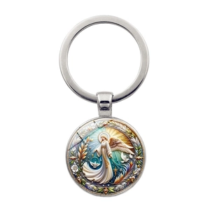Vintage Angel And Dove Metal Keychain Antique Bronze Silver Glass Cabochon Pendant Key Ring Religious Art Gift For Men Women
