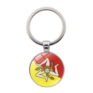 Sicily Trinacria silver metal keychain with Medusa emblem and red-yellow background