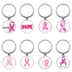 Portachiavi in Metallo con Nastro Rosa Consapevolezza Cancro al Seno Lega di Zinco Pendente Vetro Coraggio Beneficenza