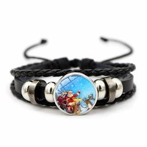 Pulsera multicapa de cuero con dije de cristal de Papá Noel y cuentas de metal estilo retro