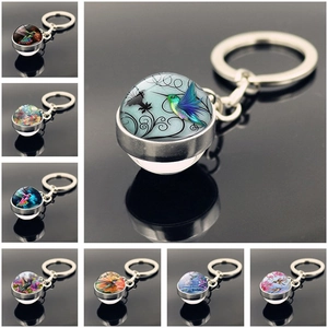 Hummingbird Time Gem Keychain Double Sided Glass Ball Pendant Zinc Alloy Metal Keyring Creative Gift For Women Men