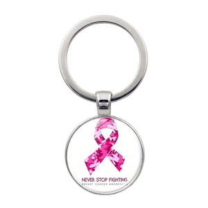 Dettaglio portachiavi nastro rosa per la ricerca contro il cancro al seno e testo