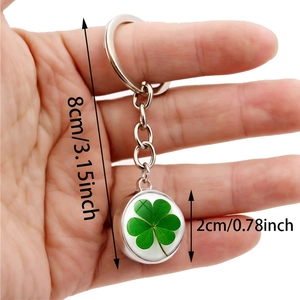 Lucky four leaf clover keychain with double-sided crystal ball pendant in silver metal