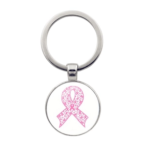 Portachiavi con nastro rosa e ciondolo in vetro con finitura in metallo argento lucido