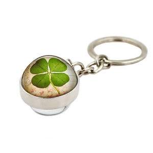 Lucky four-leaf clover keychain with double-sided crystal ball pendant in retro style
