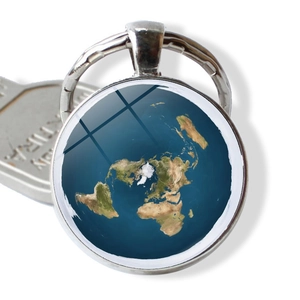 Flat Earth World Map Keychain Zinc Alloy Glass Time Gemstone Pendant Silver Round Key Ring For Backpack Travel Gift Unisex