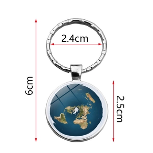Flat Earth map glass pendant keychain with silver metal ring, 6cm total length