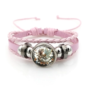 Vintage-Punk mehrlagiges rosa geflochtenes Armband mit Engel-Fee-Glasstein und Silberperlen