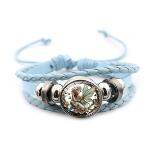 Vintage Engel Fee mehrlagiges Lederarmband mit blauem Glasstein und silbernen Perlen