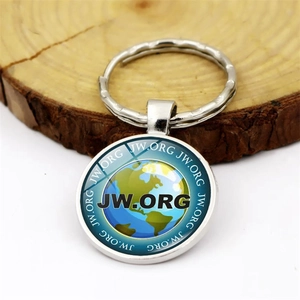 JW.ORG glass cabochon metal keychain with blue globe logo and silver ring for bags