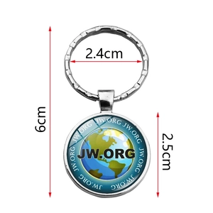 JW.ORG blue glass cabochon pendant keychain in silver metal with size measurements