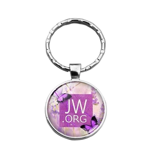JW.ORG key ring with purple butterfly and lavender pattern under glass cabochon pendant