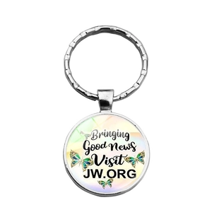 Detail of silver JW.ORG keychain with glass butterfly pendant and Bringing Good News text