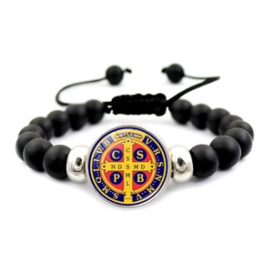 Bracciale religioso San Benedetto unisex con perline nere opache e medaglia colorata