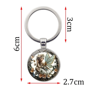 Vintage angel fairy glass gem keychain with metal ring and dimensions 6cm total length