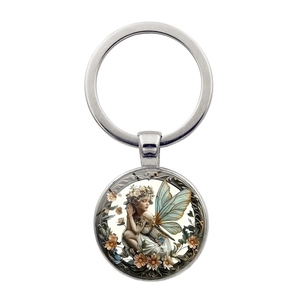 Vintage Angel Fairy Time Gem Keychain Retro Zinc Alloy Metal Key Ring Round Glass Cabochon Pendant Floral Elf Fairy Wing Key Chain For Women Girls Gift